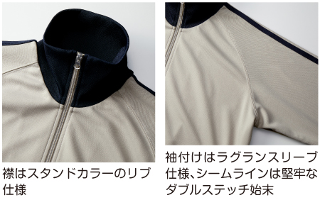 袖付けはラグランスリーブ仕様、シームラインは堅牢なダブルステッチ始末