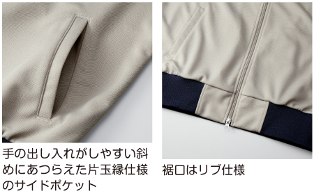 手の出し入れがしやすい斜めにあつらえた片玉縁仕様のサイドポケット
