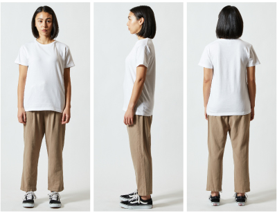 細めでステッチのない広めの首リブ、短めの袖丈・身丈で女性専用のサイジング