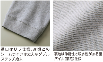 裾口はリブ仕様、身頃とのシームラインは丈夫なダブルステッチ始末