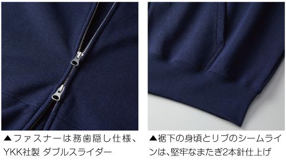 ファスナーは務歯隠し仕様、YKK社製 ダブルスライダー