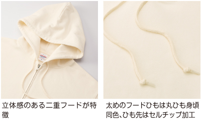 立体感のある二重フード。太めのフードひもは丸ひも身頃同色、ひも先はセルチップ加工