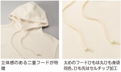 立体感のある二重フード。太めのフードひもは丸ひも身頃同色、ひも先はセルチップ加工