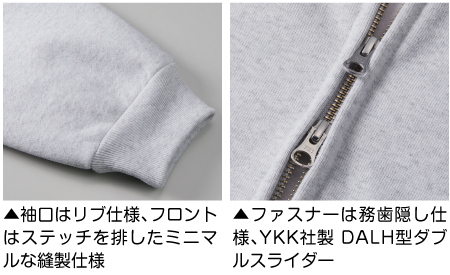 ファスナーは務歯隠し仕様、YKK社製 DALH型ダブルスライダー