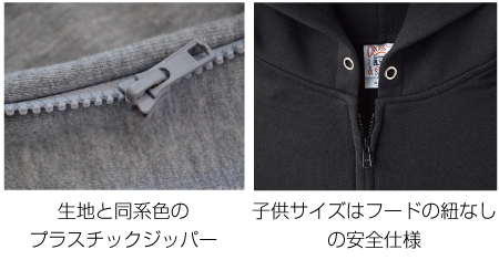 生地と同系色のプラスチックジッパー。キッズサイズはフードひもなしで安全