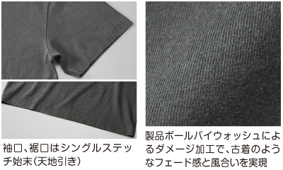 製品ボールバイウォッシュによるダメージ加工で、古着のようなフェード感と風合いを実現