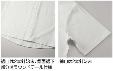 裾口は2本針始末、背面裾下部分はラウンドテール仕様