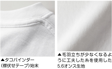 毛羽立ちが少なくなるように工夫した糸を使用した5.6オンス生地
